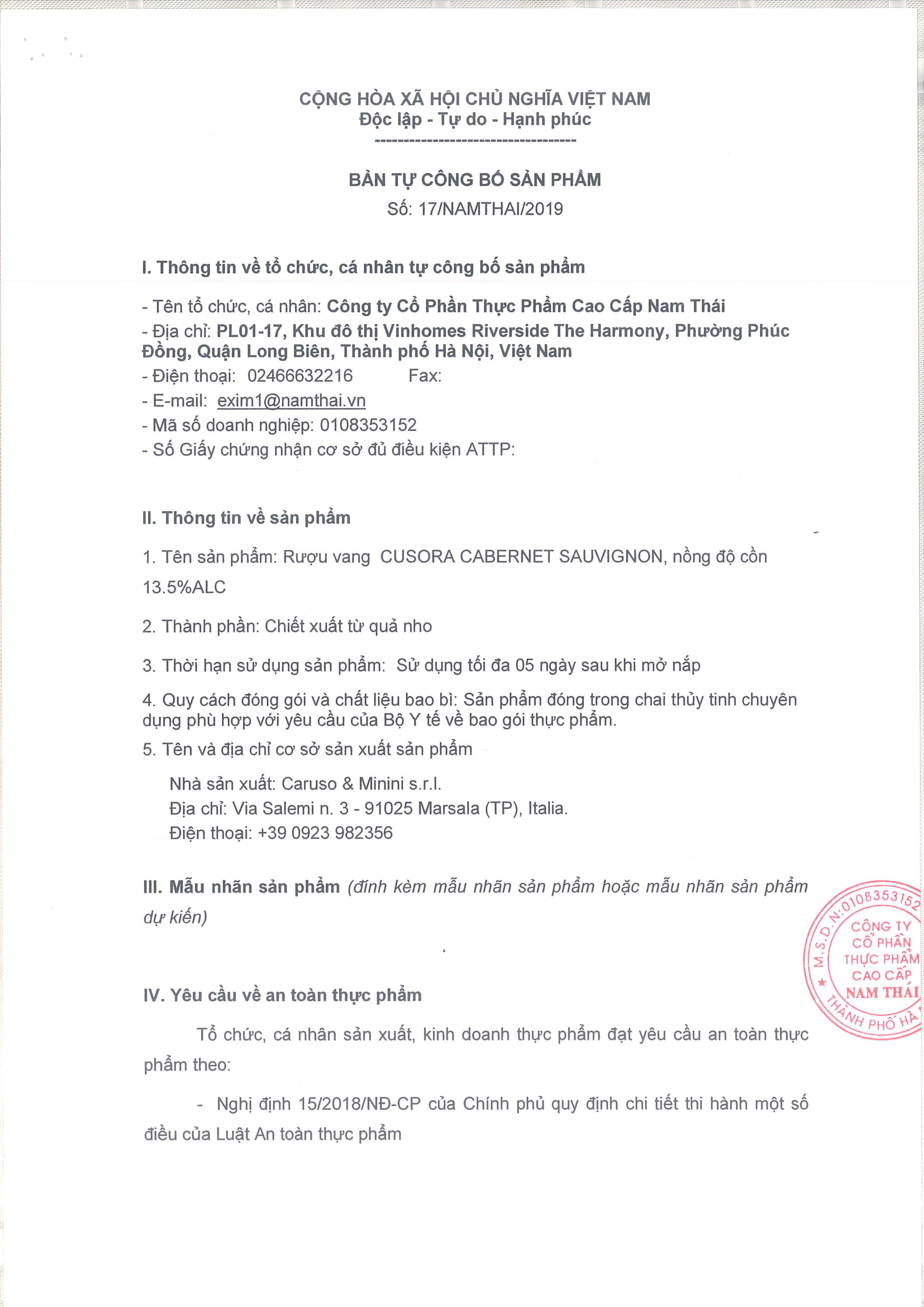 VANG ĐỎ CUSORA CABERNET SAUVIGNON  