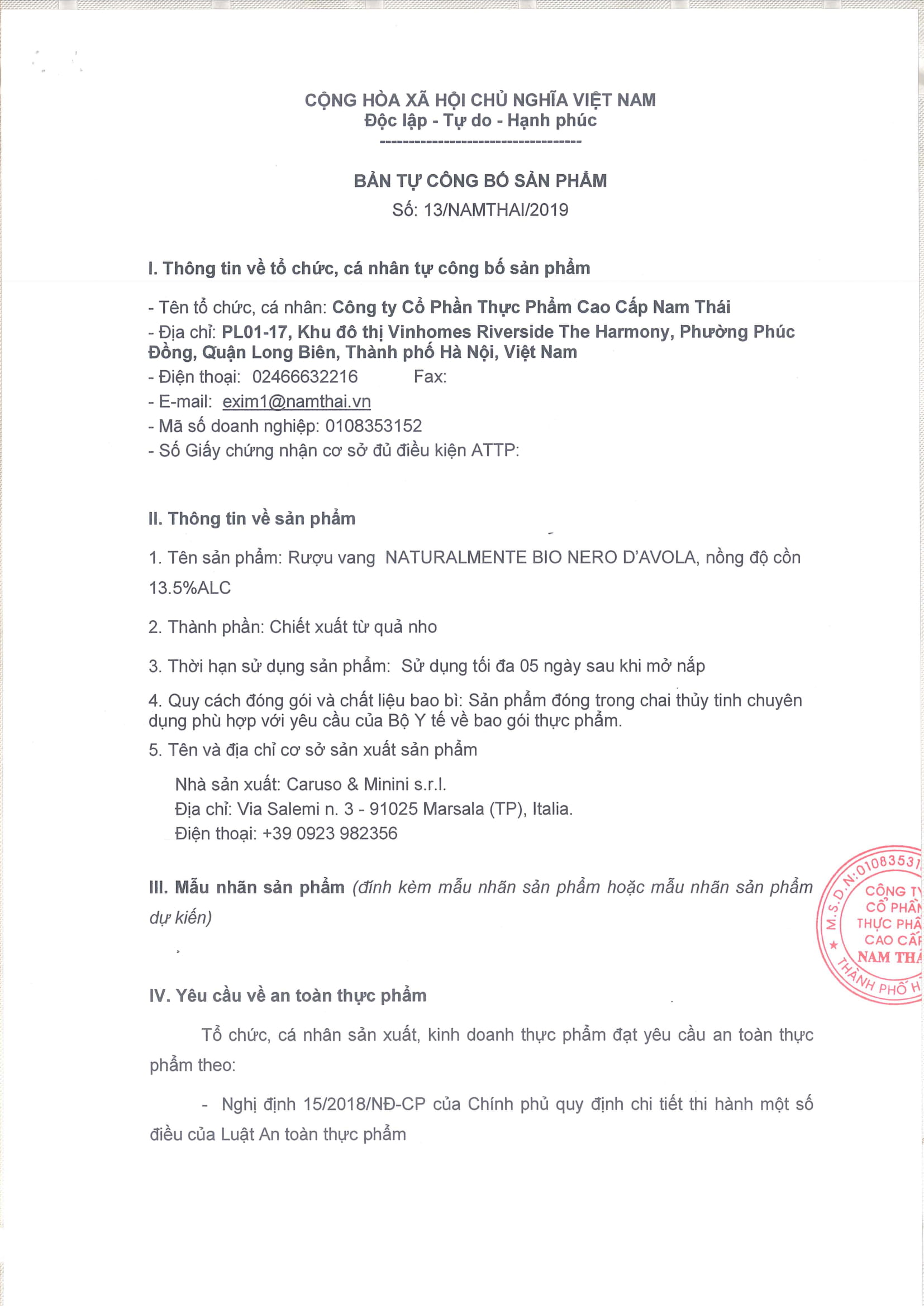 VANG ĐỎ NATURALMENTE BIO NERO D'AVOLA  
