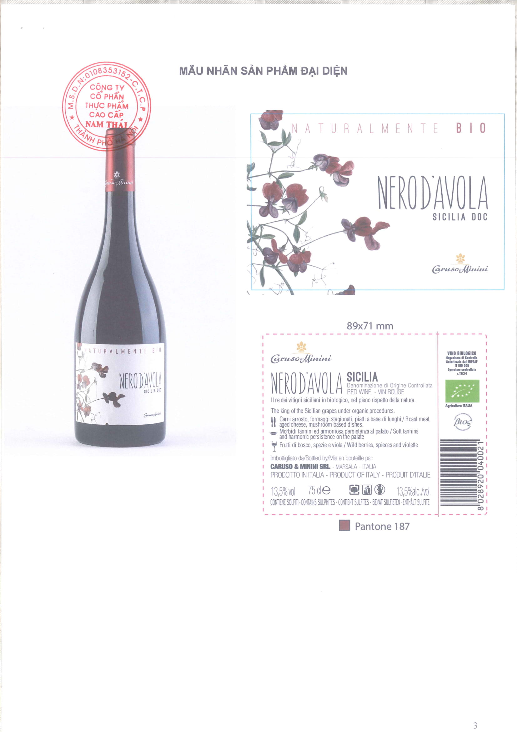 VANG ĐỎ NATURALMENTE BIO NERO D'AVOLA  