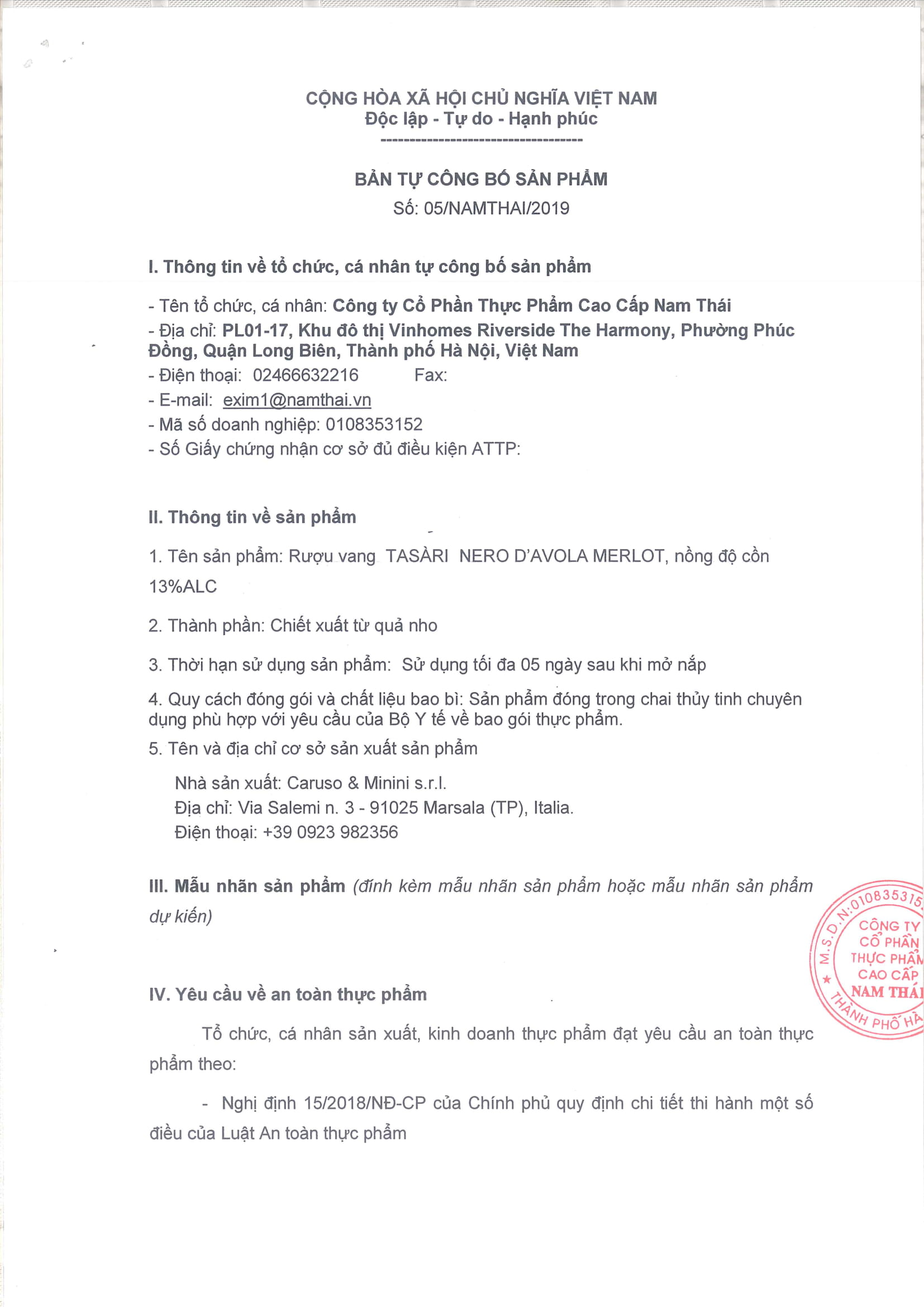 VANG ĐỎ TASÀRI NERO D'AVOLA MERLOT 