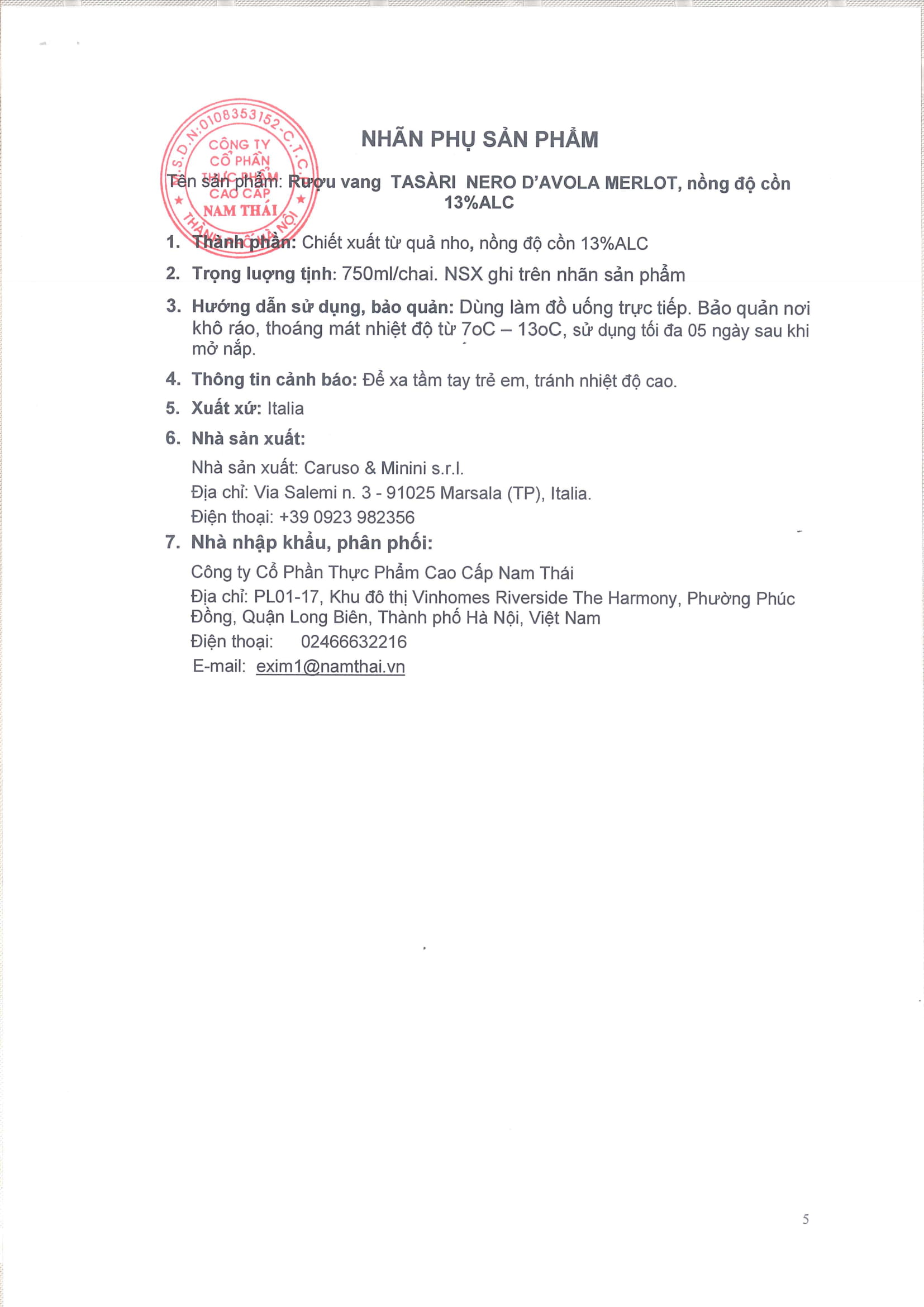 VANG ĐỎ TASÀRI NERO D'AVOLA MERLOT 