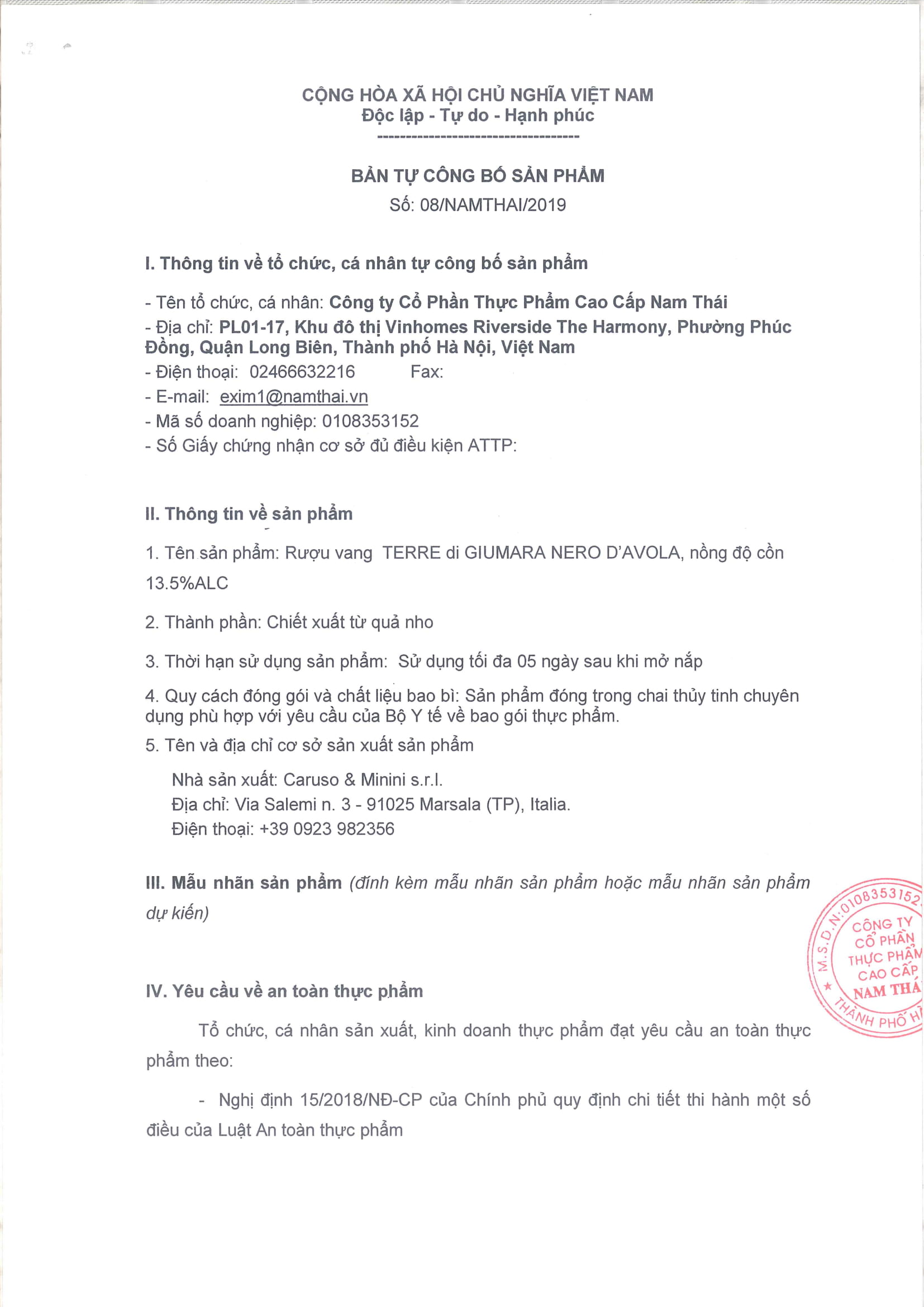 VANG ĐỎ TERRE DI GIUMARA NERO D'AVOLA 